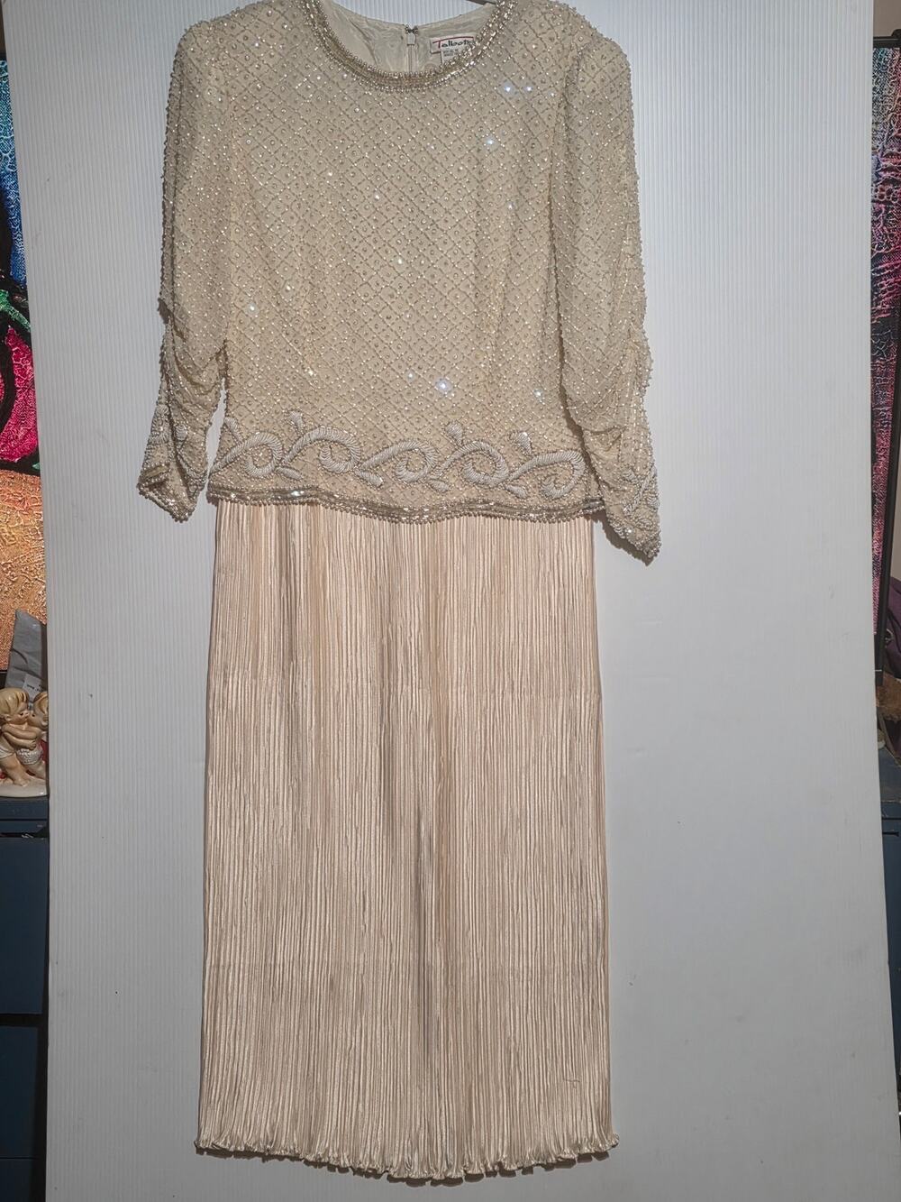 Vintage Talbots Beaded Silk Bodice Pleated Champagne Midi Dress Size 10